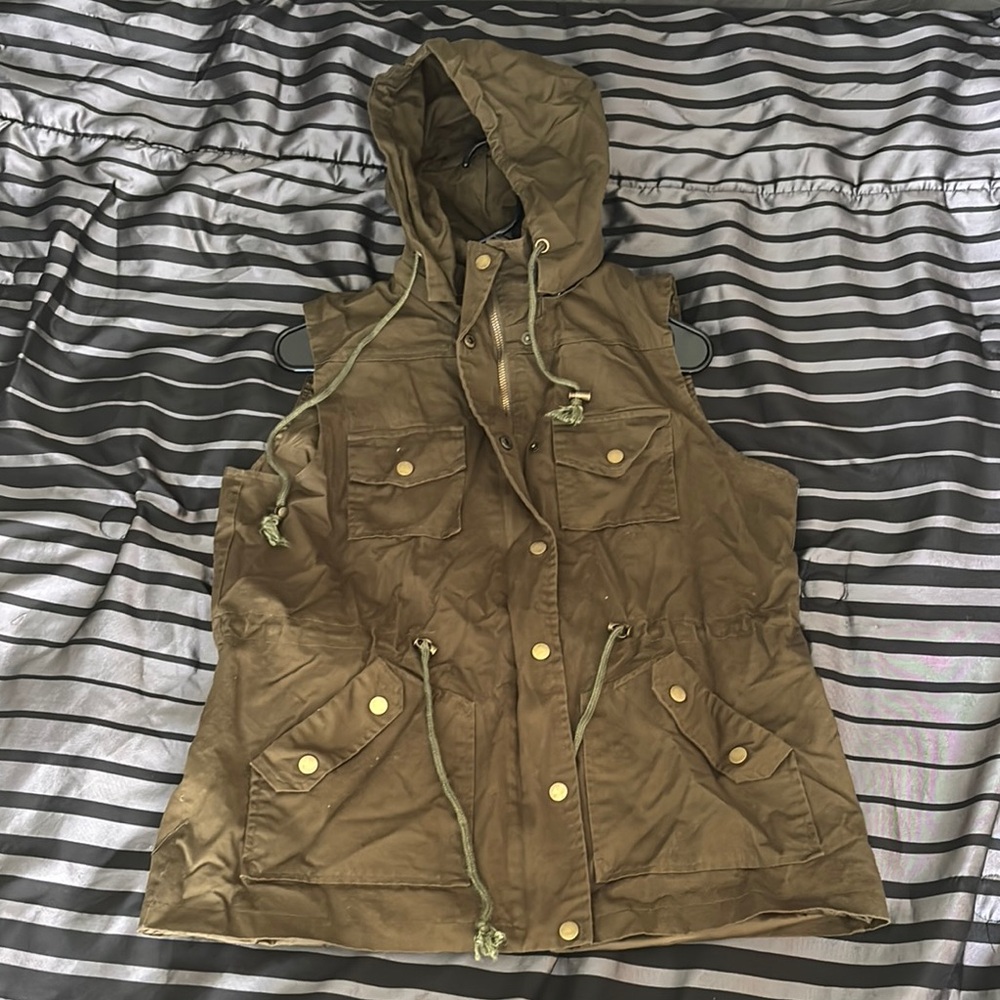 Brown Hooded Vest with Pockets